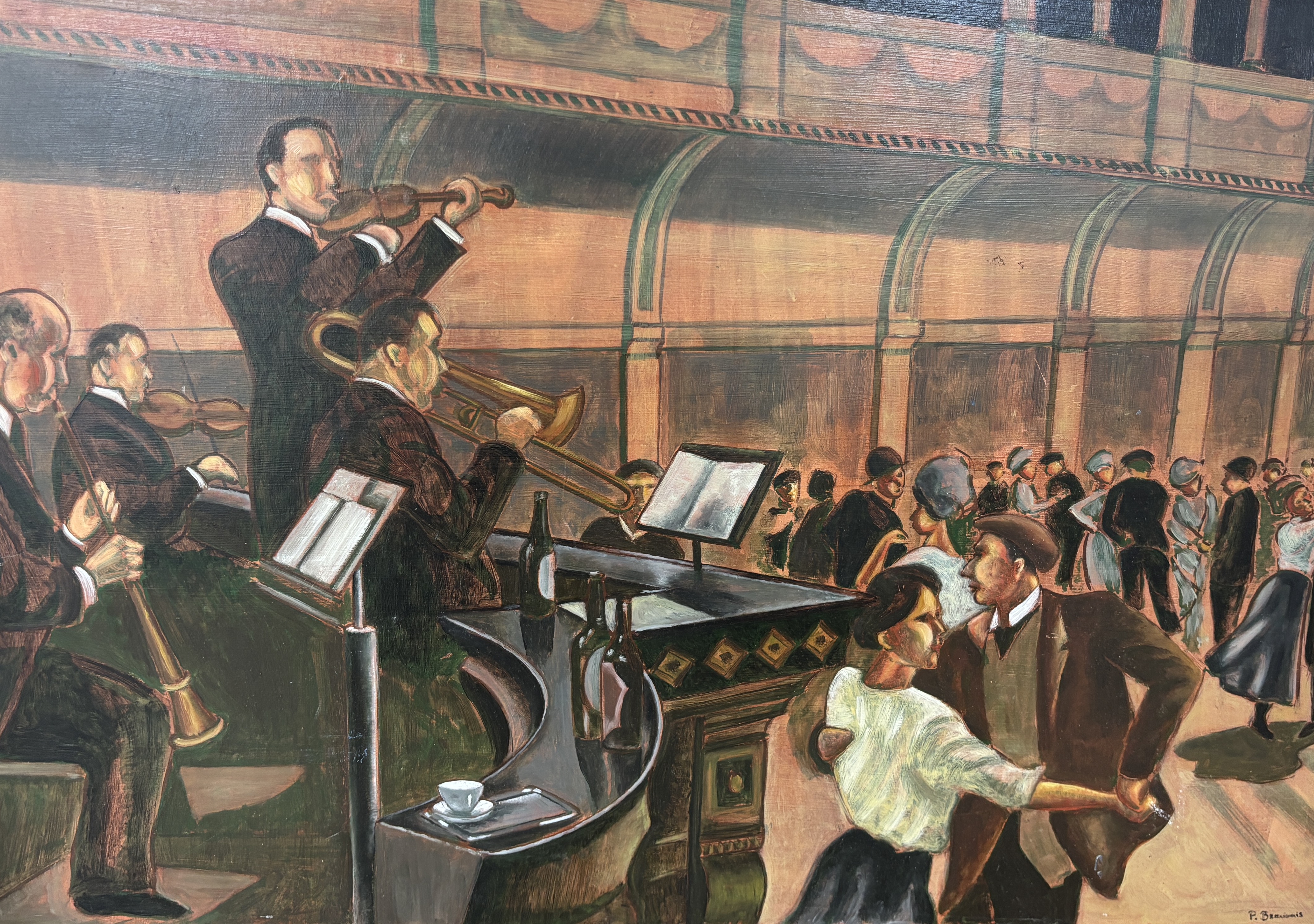 Paul Beauvais (b.1966), oil on board, Orchestra and dancers, signed, unframed, 40 x 61cm